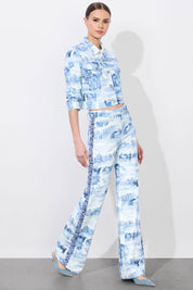 Γυναικείο Jean παντελόνι με pattern palm trees λευκό-γαλάζιο Alice+Olivia
