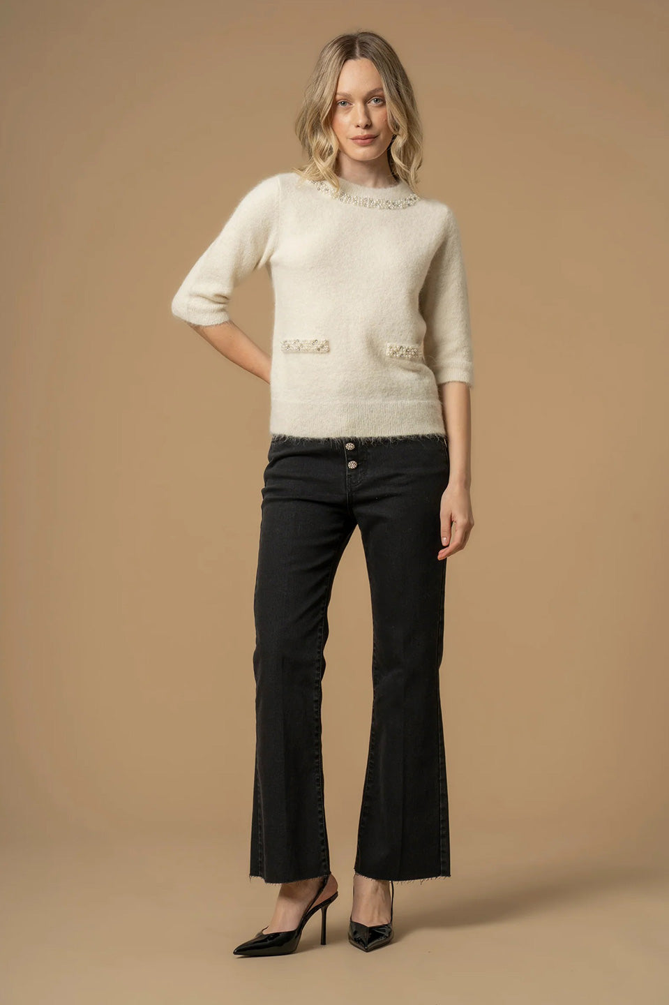 Γυναικεία μπλούζα πλεκτή με πέτρες εκρού Kocca