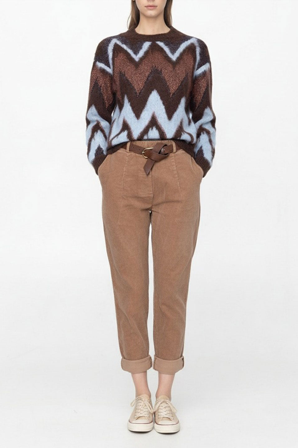 Γυναικεία μπλούζα πλεκτή με σχάδια καφέ-γαλάζια Tensione In