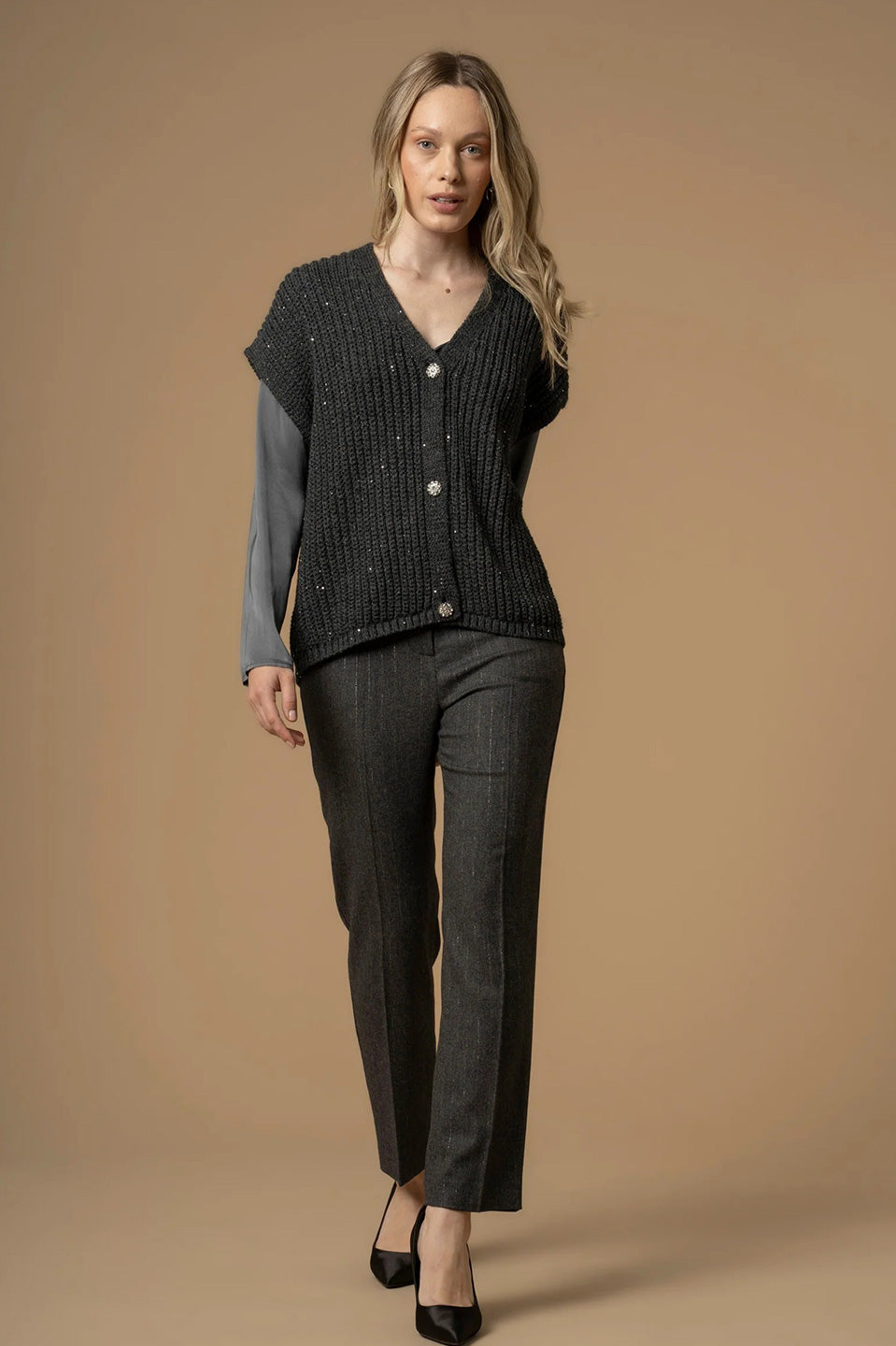 Γυναικεία ζακέτα πλεκτή γκρι σκούρο Kocca