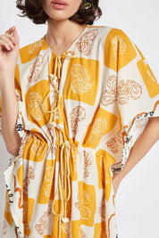 Γυναικείο φόρεμα καφτάνι με print κίτρινο Be Sunset