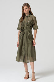 Γυναικείο φόρεμα με κουμπιά και ζώνη χακί Fracomina
