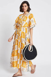 Γυναικείο φόρεμα καφτάνι με print κίτρινο Be Sunset