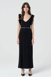 Γυναικείο φόρεμα με βολάν στους ώμους μαύρο Fracomina