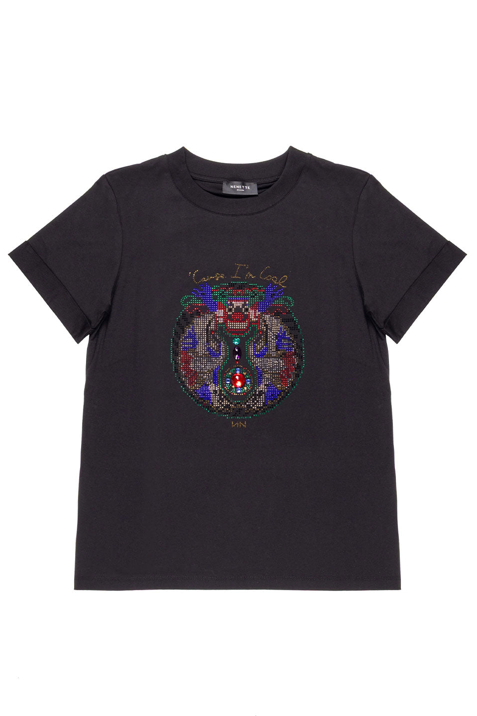 Γυναικεία μπλούζα T-shirt με στάμπα και στρας μαύρη Nenette