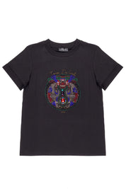 Γυναικεία μπλούζα T-shirt με στάμπα και στρας μαύρη Nenette