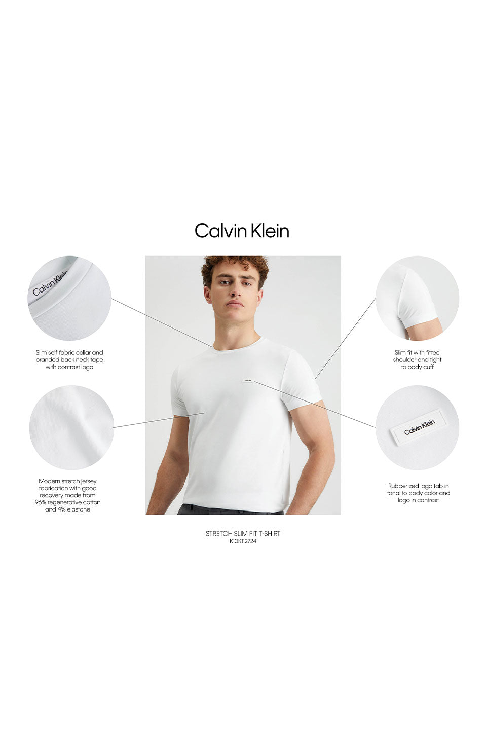 Ανδρικό Κοντομάνικο T-shirt σε στενή γραμμή λευκό Calvin Klein K10K112724YAF