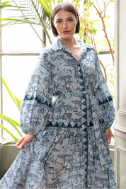 Γυναικείο φόρεμα ζακάρ με ζώνη εμπριμέ μπλε Miss June