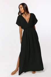 Γυναικείο φόρεμα αέρινο γάζα μαύρο με σκίσιμο και ζώνη Blanca