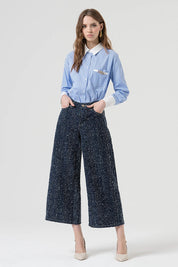 Γυναικείο παντελόνι zip culotte με δομή μπλε σκούρο Fracomina