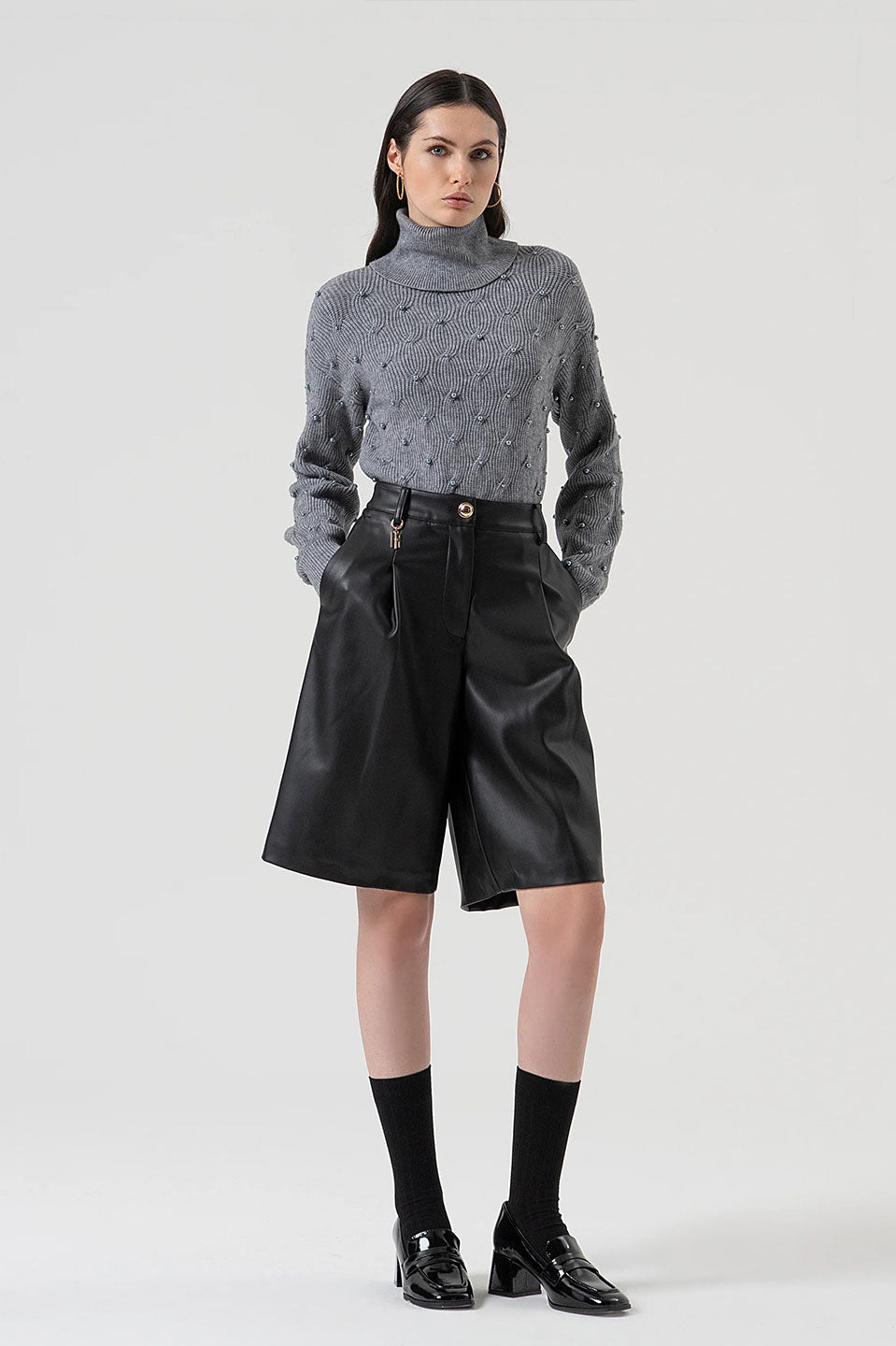 Γυναικεία μπλούζα πλεκτή ζιβάγκο με λεπτομέρειες γκρι Fracomina