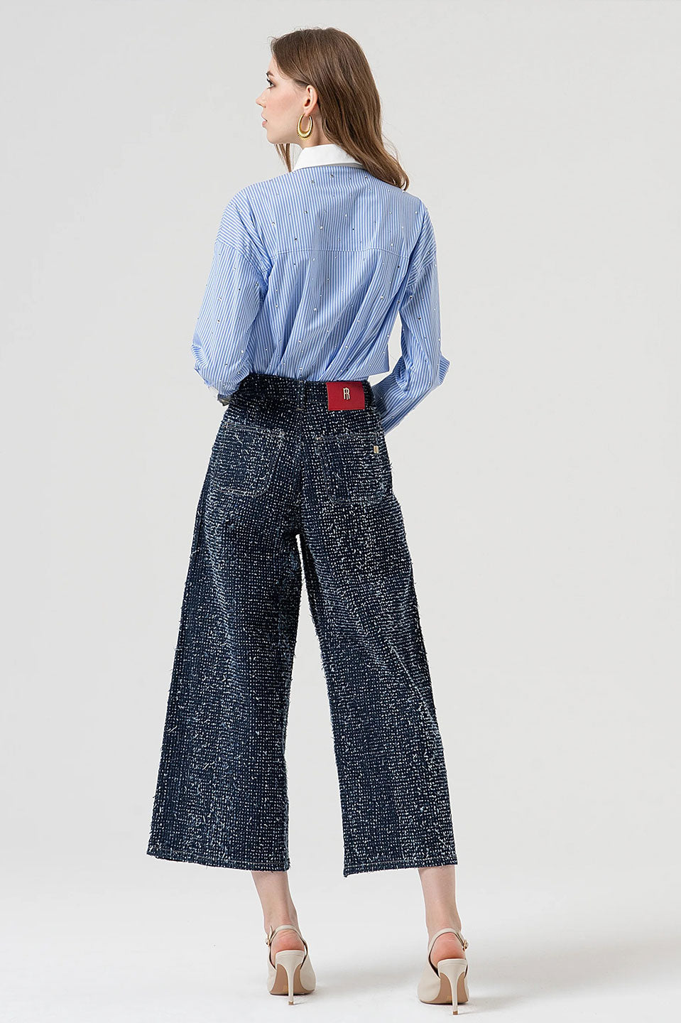 Γυναικείο παντελόνι zip culotte με δομή μπλε σκούρο Fracomina