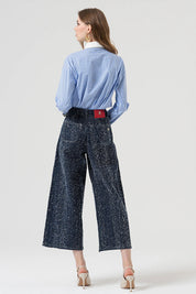 Γυναικείο παντελόνι zip culotte με δομή μπλε σκούρο Fracomina