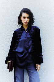 Γυναικείο πανωφόρι κιμονό βελουτέ μπλε Nenette