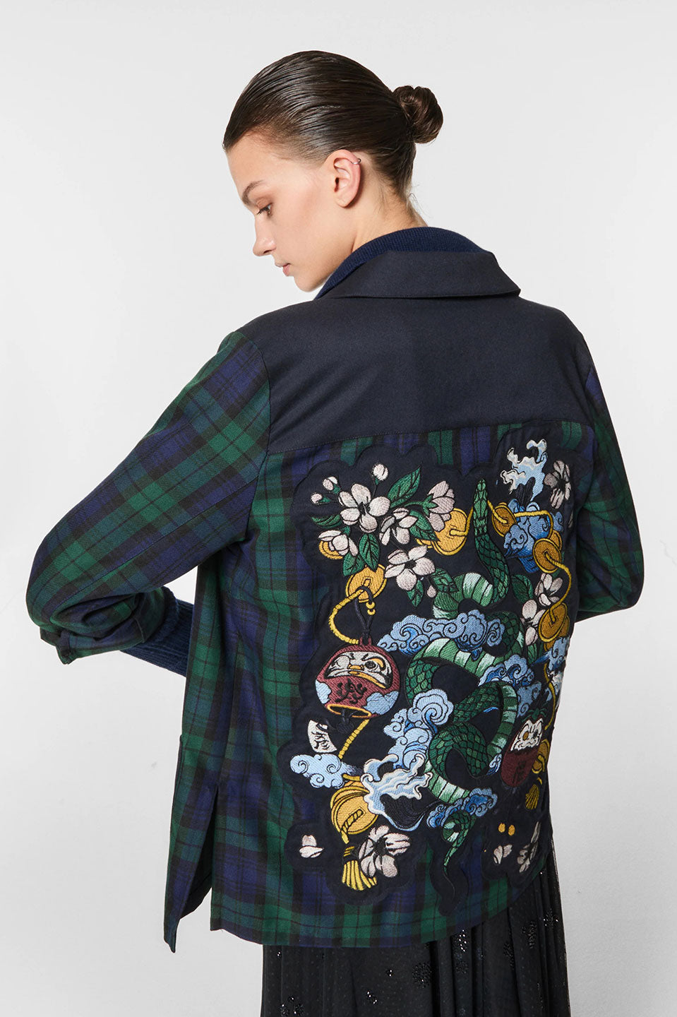 Γυναικείο πανωφόρι καρό πράσινο μπλε με κέντημα λουλούδια Nenette