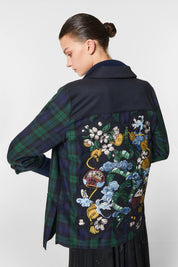 Γυναικείο πανωφόρι καρό πράσινο μπλε με κέντημα λουλούδια Nenette