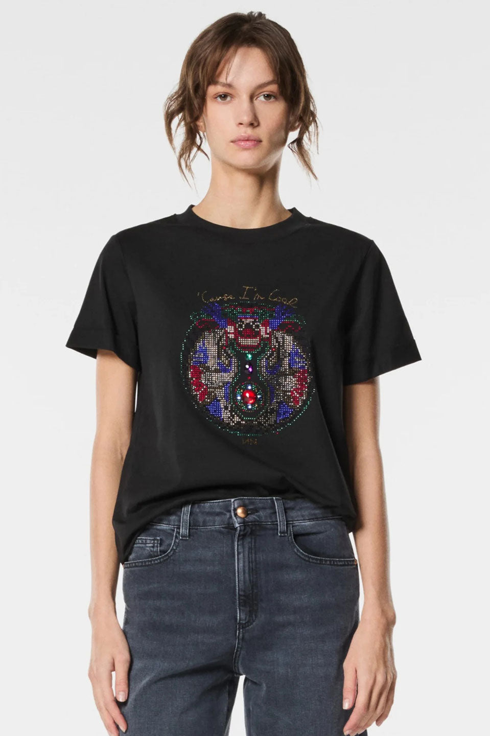 Γυναικεία μπλούζα T-shirt με στάμπα και στρας μαύρη Nenette