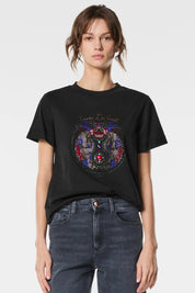 Γυναικεία μπλούζα T-shirt με στάμπα και στρας μαύρη Nenette