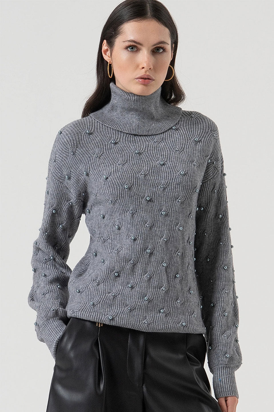 Γυναικεία μπλούζα πλεκτή ζιβάγκο με λεπτομέρειες γκρι Fracomina