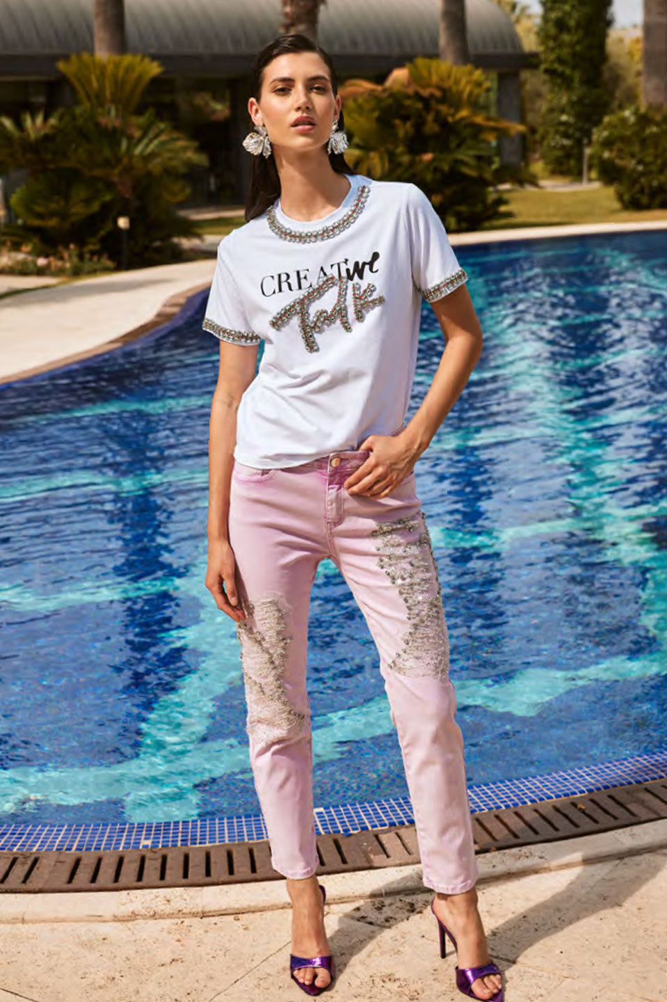 Γυναικείο T-shirt κοντομάνικο με σχέδιο και πέτρες λευκό Trash & Luxury