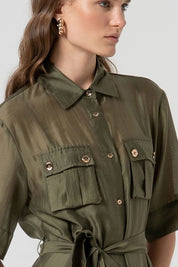 Γυναικείο φόρεμα με κουμπιά και ζώνη χακί Fracomina