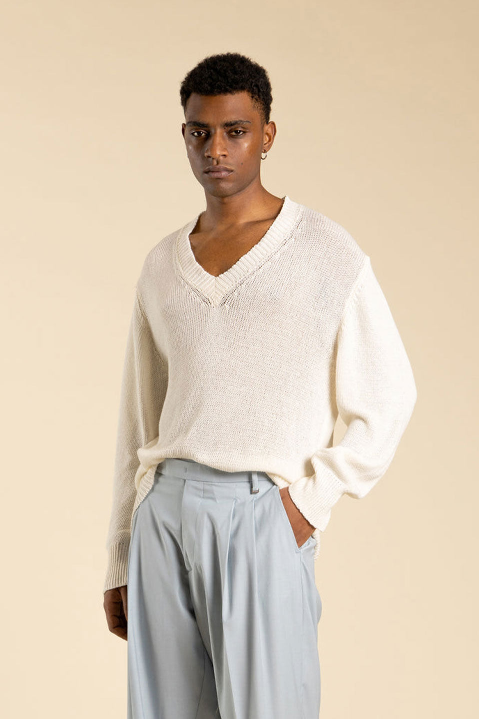 Ανδρική Μακρυμάνικη πλεκτή μπλούζα με V λευκή I'M BRIAN