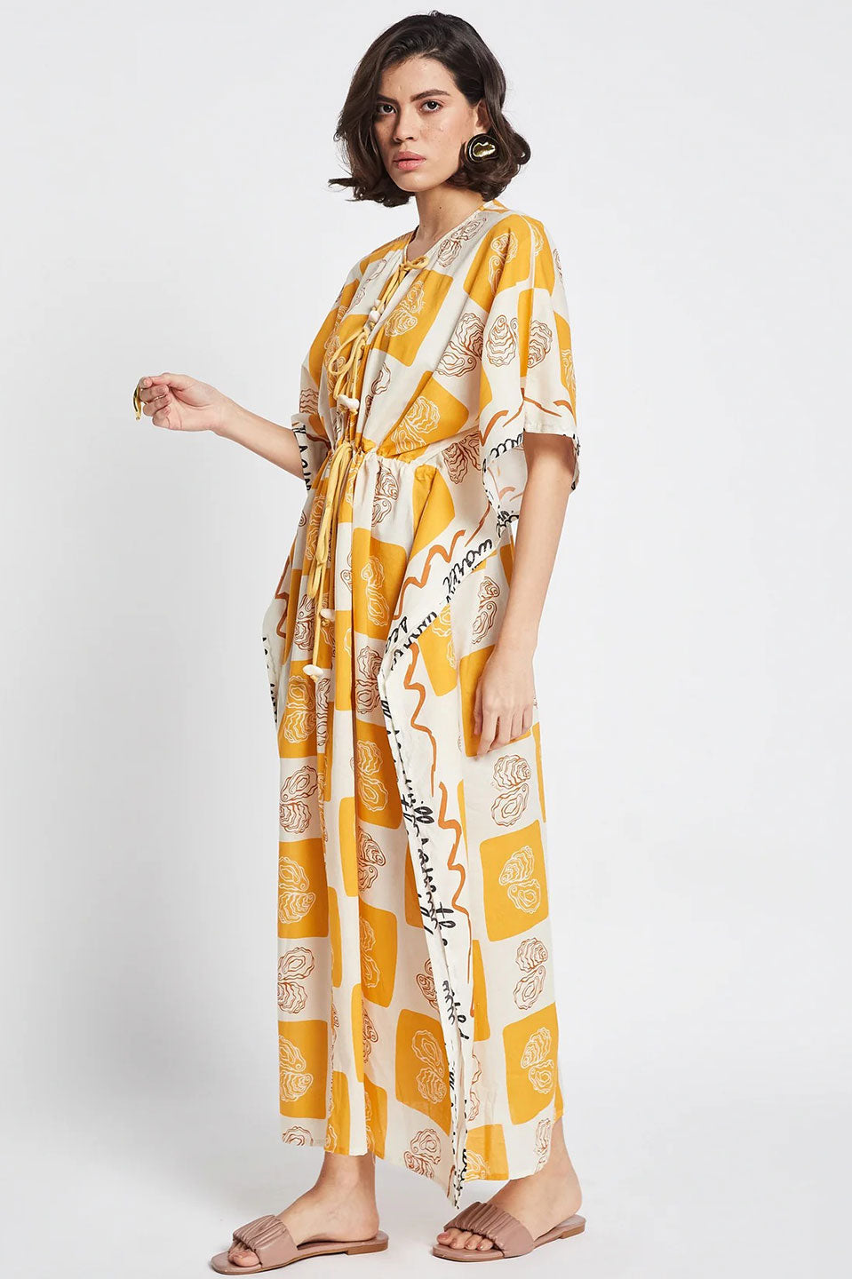 Γυναικείο φόρεμα καφτάνι με print κίτρινο Be Sunset