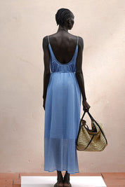 Γυναικείο Φόρεμα αμάνικο πλισέ με τριράντες γαλάζιο Eleh