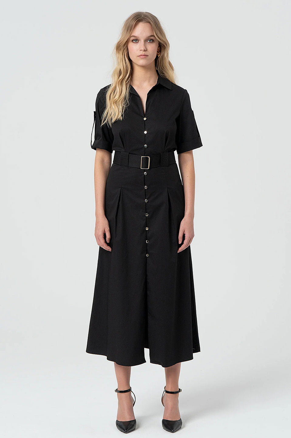 Γυναικείο φόρεμα με κουμπιά και ζώνη μαύρο Fracomina