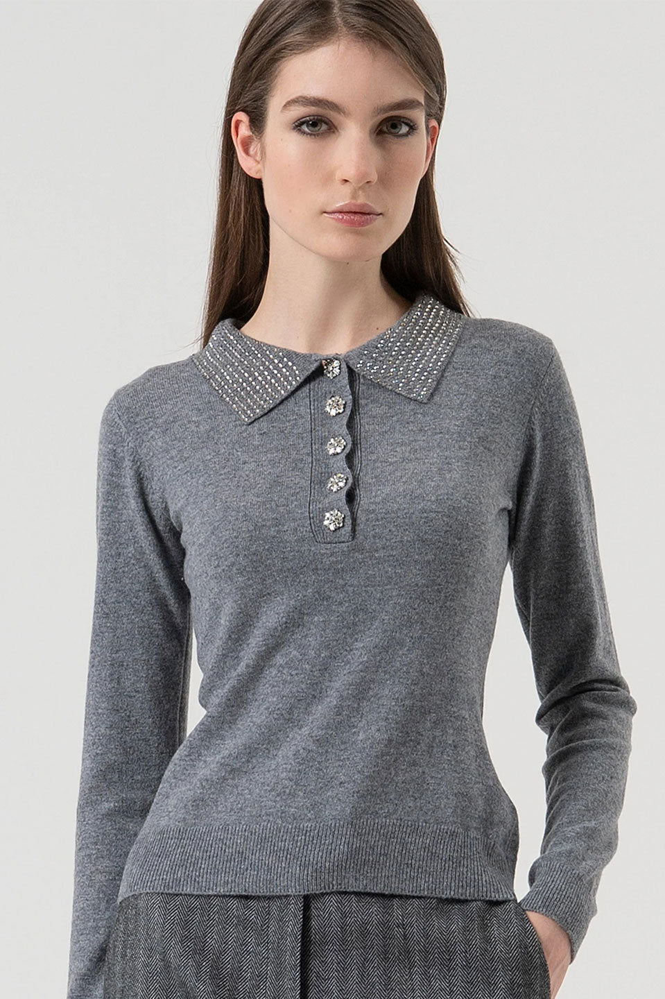 Γυναικεία μπλούζα πλεκτή με κουμπιά γκρι Fracomina