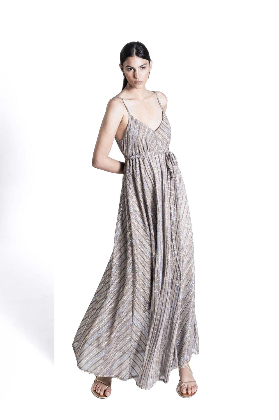 Γυναικείο φόρεμα maxi με τιράντες lurex μπισκότο Sandro Ferrone