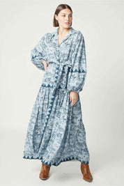 Γυναικείο φόρεμα ζακάρ με ζώνη εμπριμέ μπλε Miss June