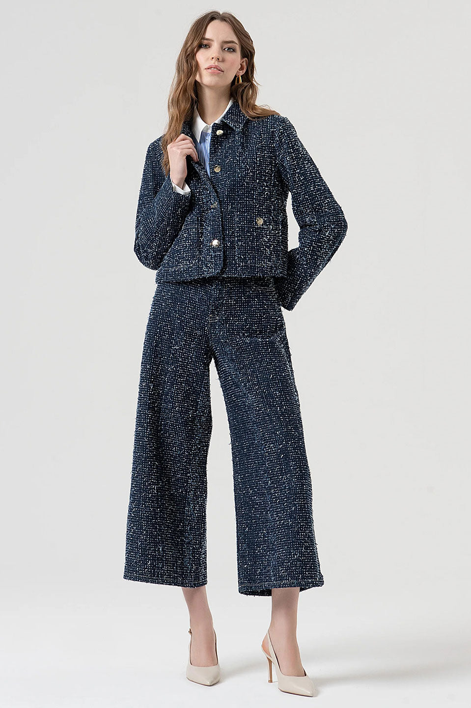 Γυναικείο παντελόνι zip culotte με δομή μπλε σκούρο Fracomina