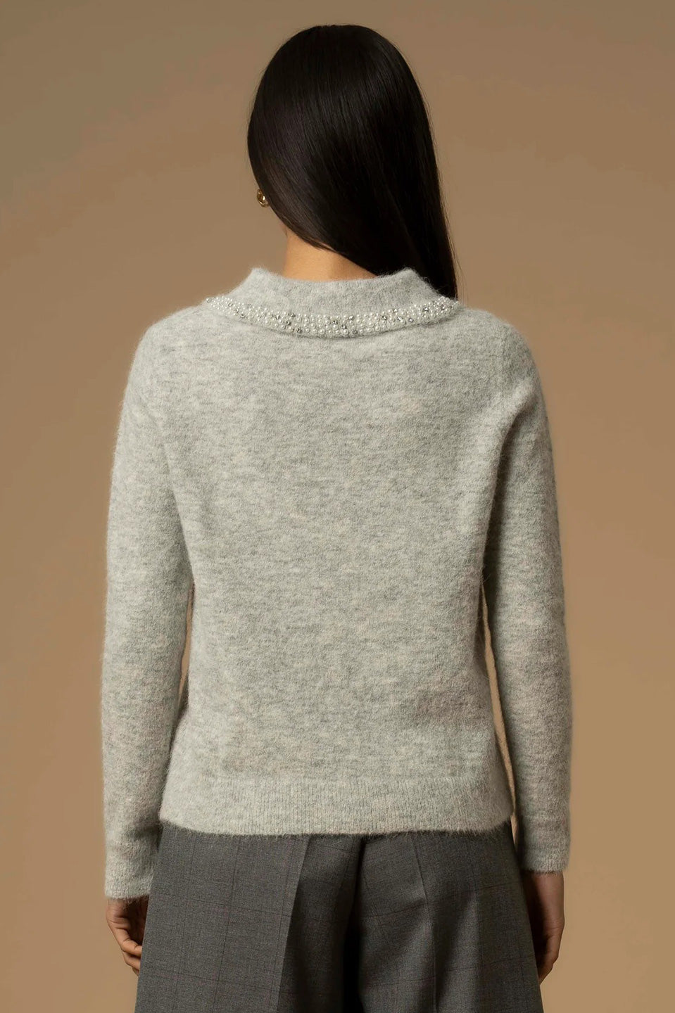 Γυναικεία μπλούζα πλεκτή με πέτρες στο γιακά γκρι Kocca