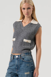 Γυναικεία μπλούζα αμάνικη εκρού-γκρι Fracomina