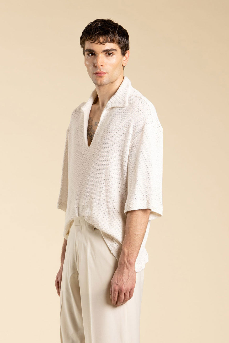 Ανδρική Πλεκτή μπλούζα με γιακά και V μπεζ I'M BRIAN