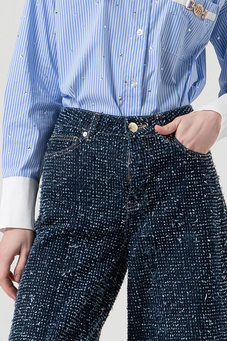 Γυναικείο παντελόνι zip culotte με δομή μπλε σκούρο Fracomina