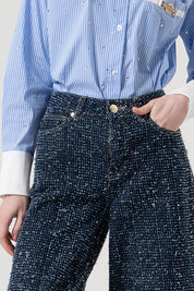 Γυναικείο παντελόνι zip culotte με δομή μπλε σκούρο Fracomina