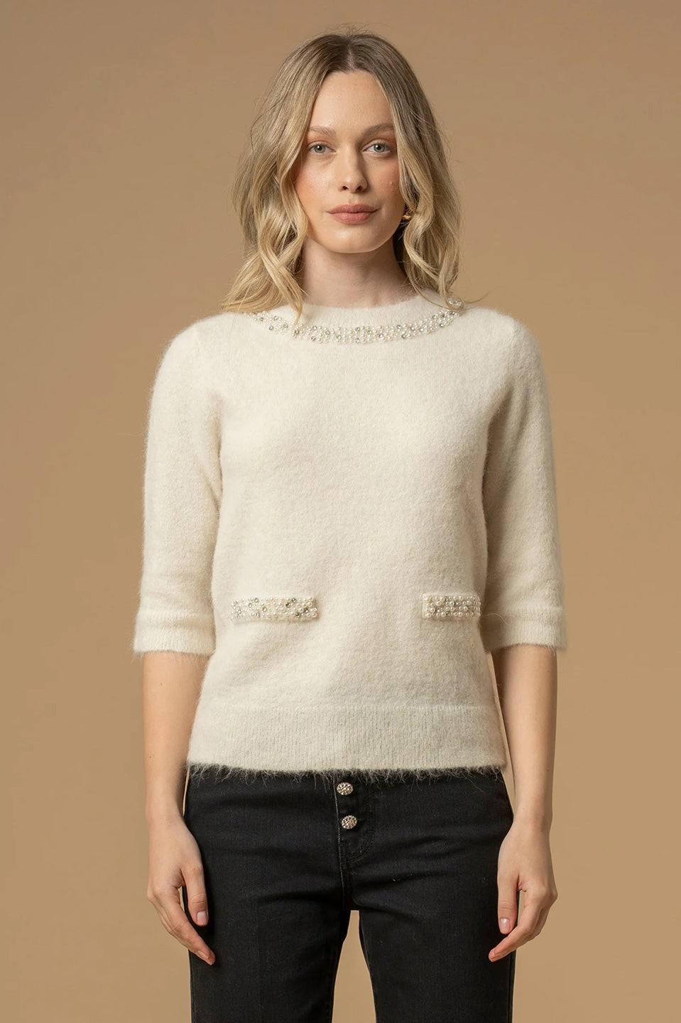 Γυναικεία μπλούζα πλεκτή με πέτρες εκρού Kocca