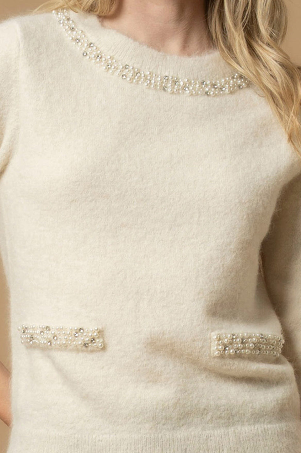 Γυναικεία μπλούζα πλεκτή με πέτρες εκρού Kocca