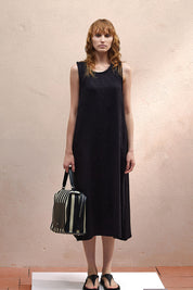 Γυναικείο φόρεμα βαμβάκι και λινό σε Α γραμμή μαύρο Eleh