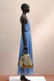 Γυναικείο Φόρεμα αμάνικο πλισέ με τριράντες γαλάζιο Eleh