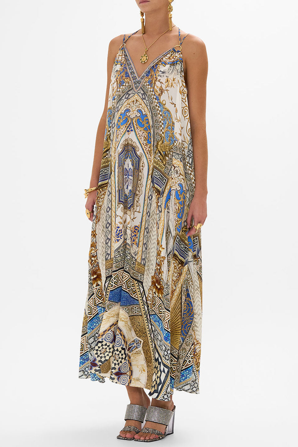 Γυναικείο Maxi φόρεμα με κρίκους εμριμέ 00034437-MMYMOSAC Camilla