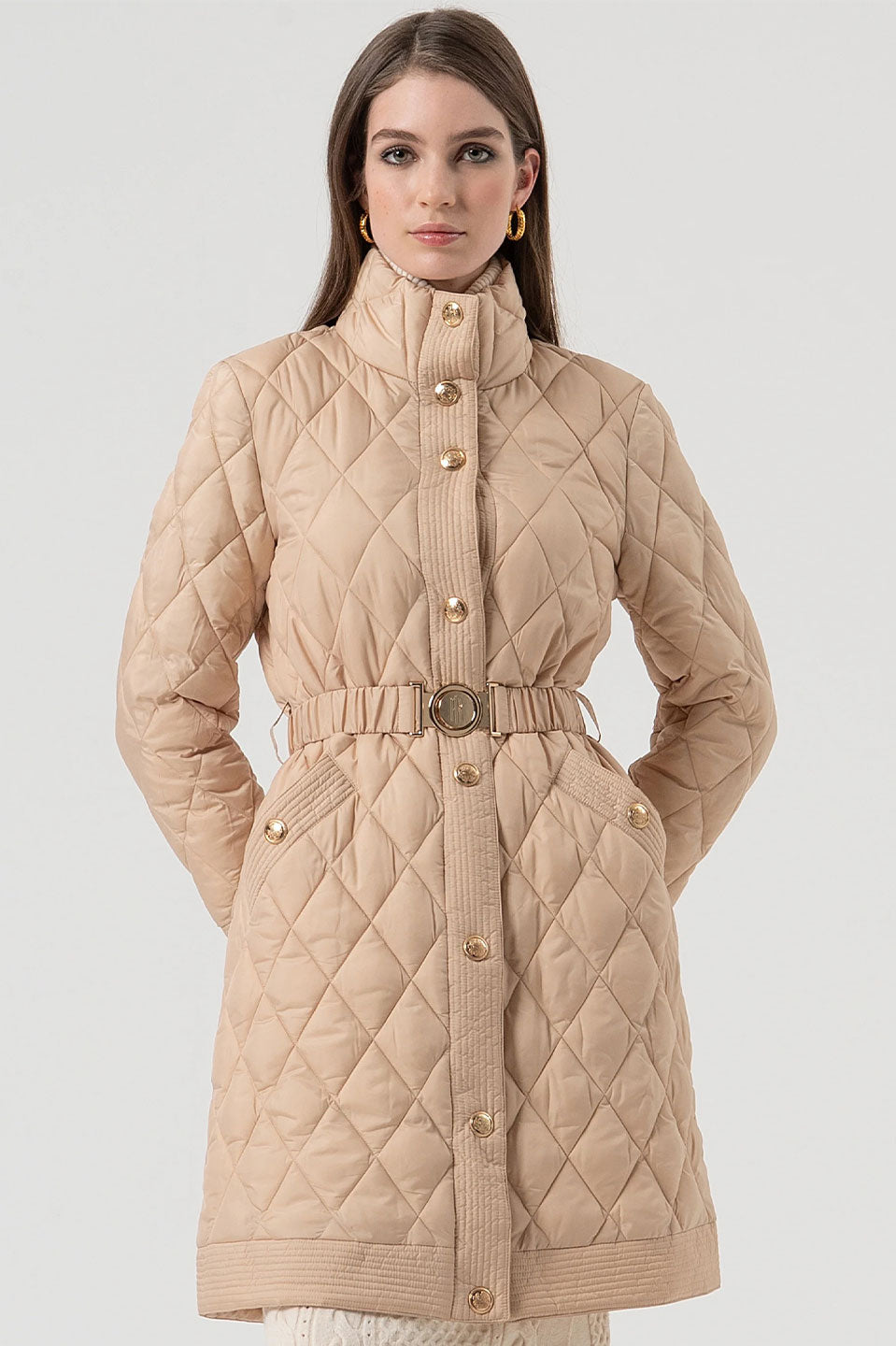 Γυναικείο μπουφάν puffer με ζώνη μπεζ Fracomina