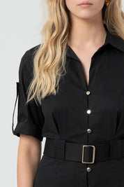 Γυναικείο φόρεμα με κουμπιά και ζώνη μαύρο Fracomina