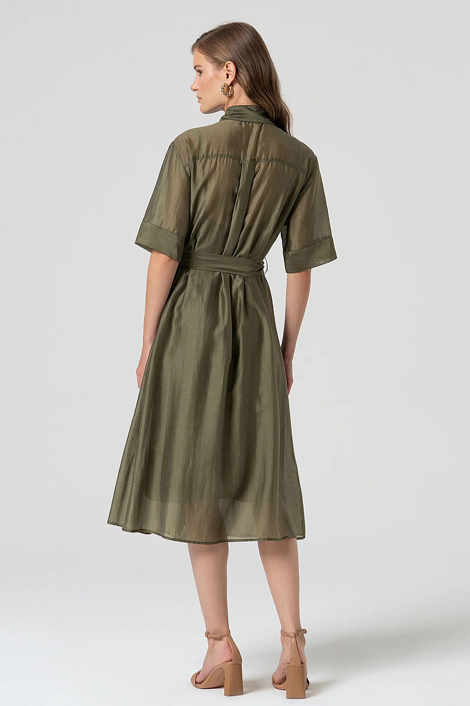 Γυναικείο φόρεμα με κουμπιά και ζώνη χακί Fracomina