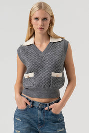 Γυναικεία μπλούζα αμάνικη εκρού-γκρι Fracomina