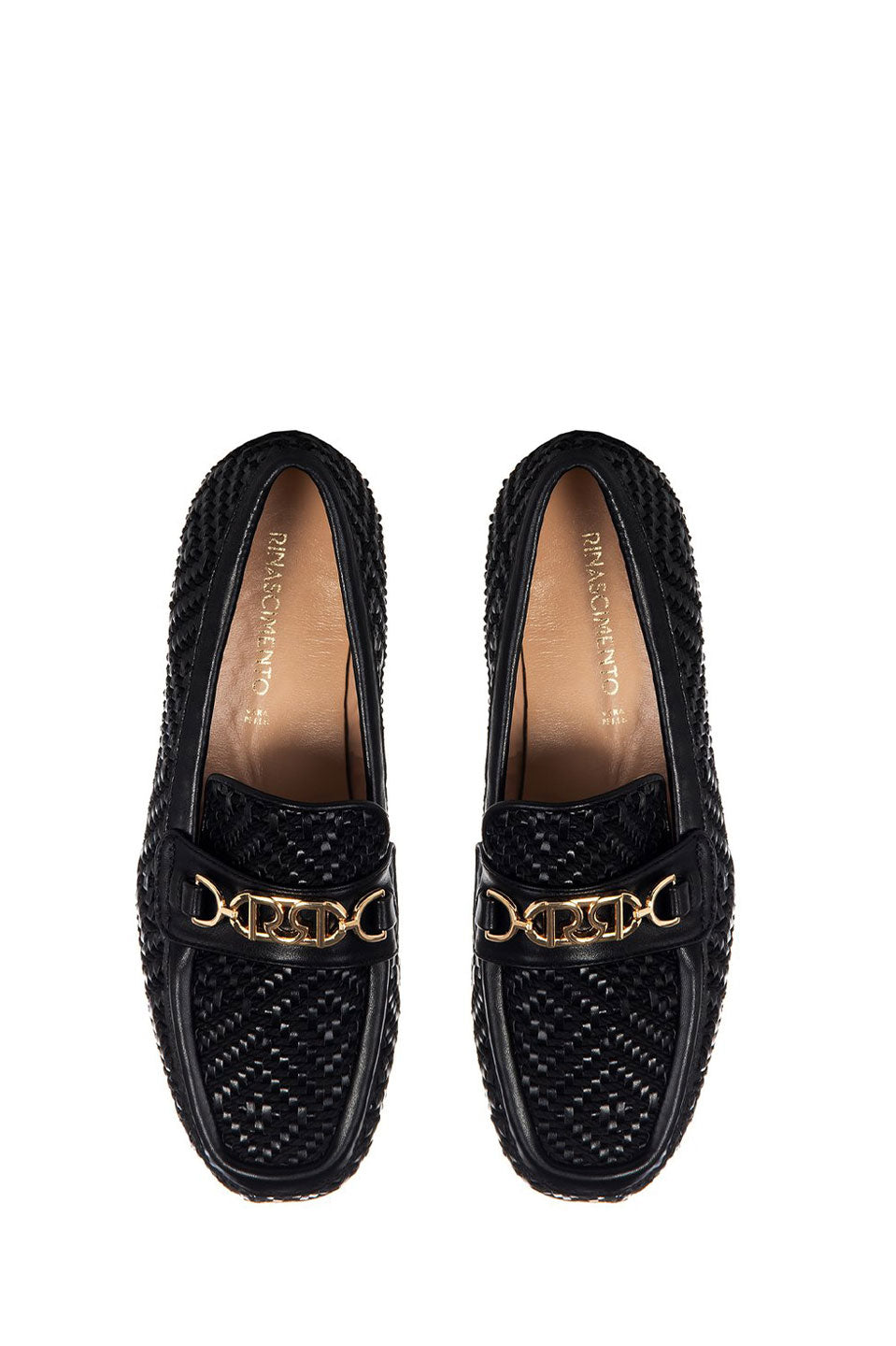 Γυναικεία παπούτσια μοκασίνια με πλέξη και μεταλλική αγκράφα μαύρα Rinascimento