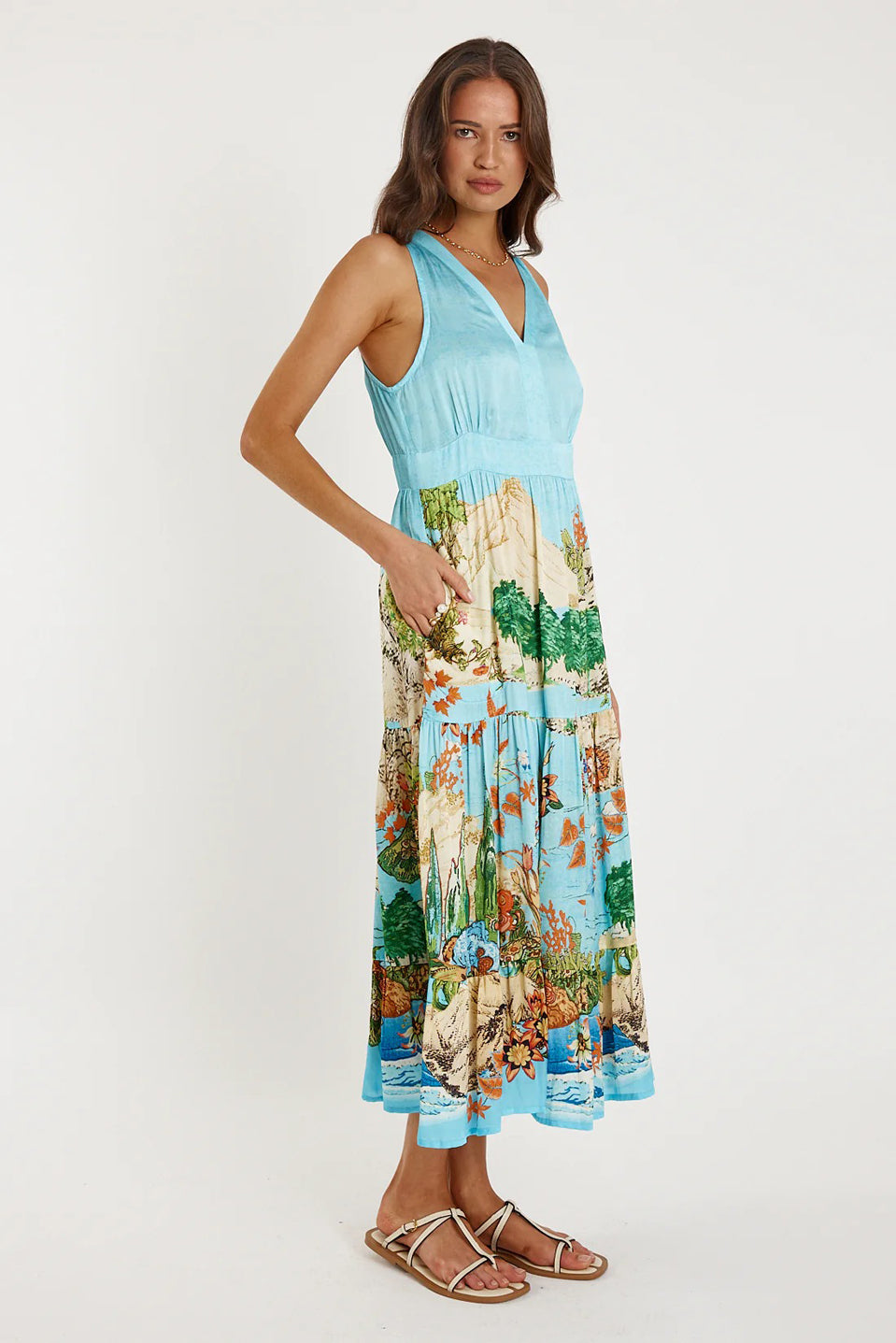 Γυναικείο φόρεμα αμάνικο εμπριμέ sky blue Ruby YaYa