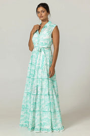 Γυναικείο φόρεμα αμάνικο με κέντημα και ζώνη πράσινο μέντα Miss June